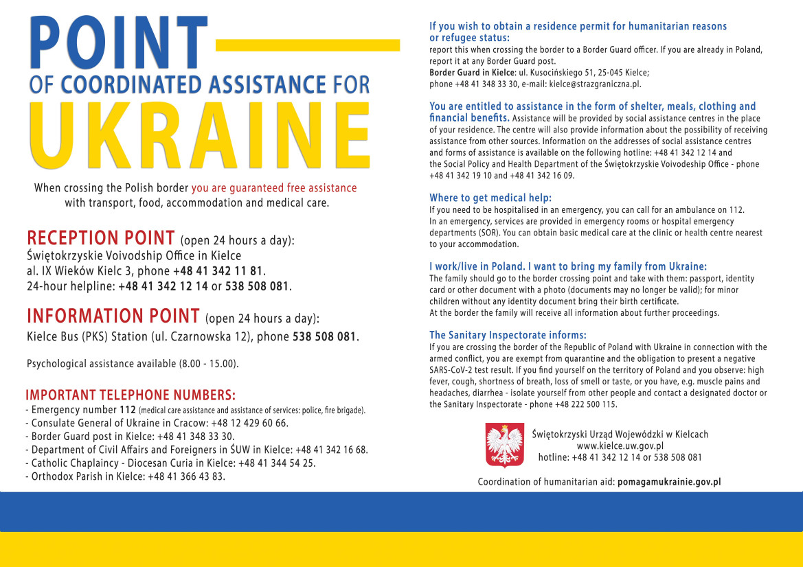 Grafika z informacjami o punkcie skoordynowanej pomocy dla Ukrainy w języku angielskim